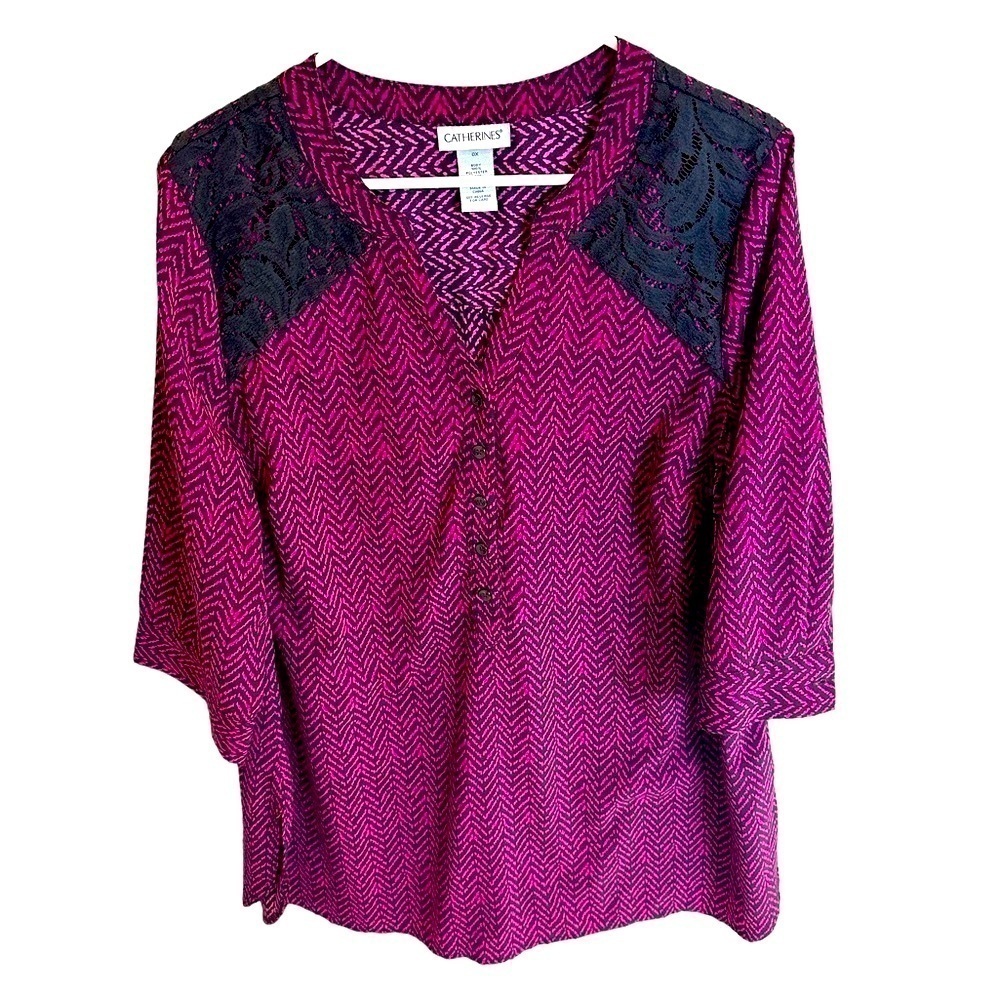 Catherines Fuchsia & Black Lace Shoulder Blouse 0X 3/4 Sleeve Plus Size Top